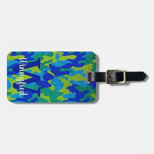 Helder Blauw & Groen Camouflage Glitter Camo Naam Bagagelabel (Voorkant horizontaal)