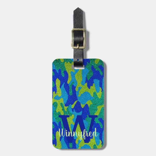Helder Blauw & Groen Camouflage Glitter Camo Naam Bagagelabel (Voorkant verticaal)