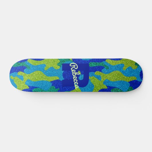 Helder Blauw & Groen Camouflage Glitter Camo Naam Skateboard (Horizontaal)