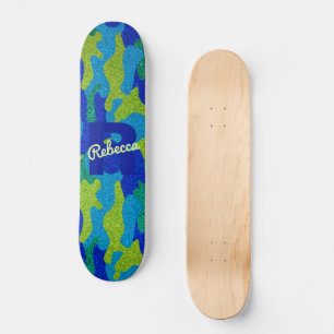 Helder Blauw & Groen Camouflage Glitter Camo Naam Skateboard