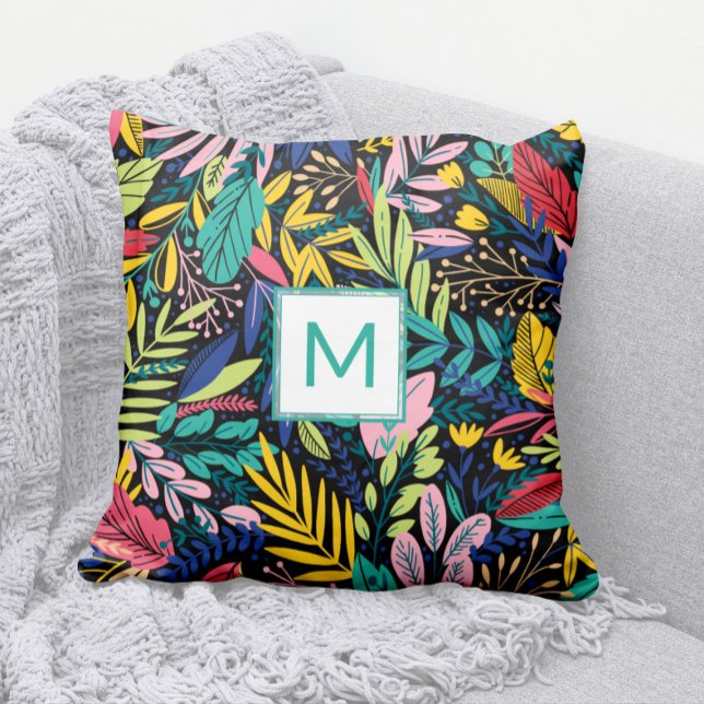 Helder Blauwgroen monogram moderne lederlijn Kussen (Modern Bright and Colorful Cheery Leaves Pattern Pillow with Teal Monogram)