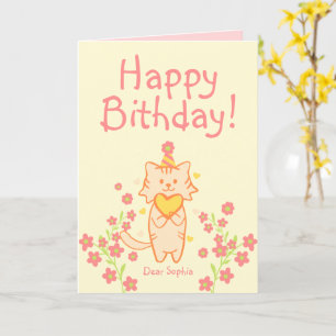 Helder Bloem&Cute Kat met Hoed&Hart Verjaardag Kaart