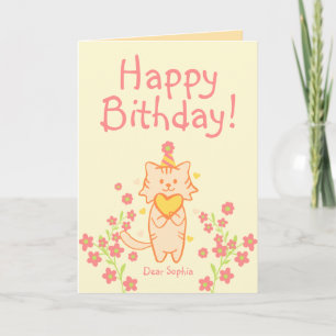 Helder Bloem&Cute Kat met Hoed&Hart Verjaardag Kaart