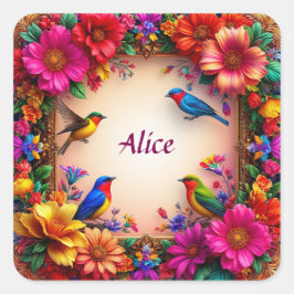 Helder Bloemen Lijst met Kleurrijke Vogels in Natu Vierkante Sticker