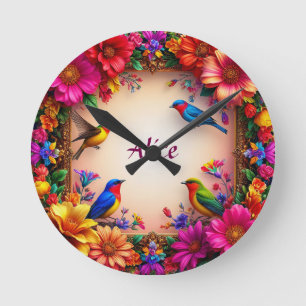 Helder bloemframe met kleurrijke vogels in de natu ronde klok