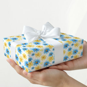 Helder bloemmotief blauw en geel cadeaupapier