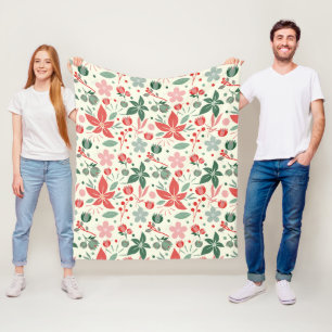 Helder bloemmotief met groene bladeren en stip fleece deken