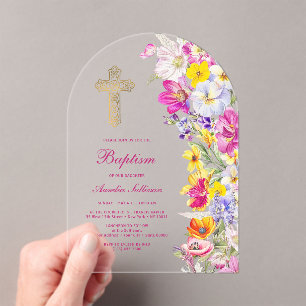 Helder boog met wilde bloemen Doop Acryl Uitnodigingen