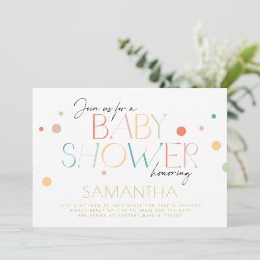 Helder en kleurrijk Fun Unisex Modern Baby shower Kaart (Staand voorkant)