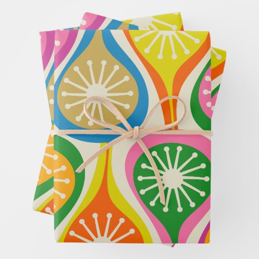 Helder en kleurrijk Mid Century Modern Atomic Fun Inpakpapier Vel (In situ)