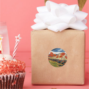 Helder en vrolijk, landschap met bloemen, ronde sticker