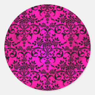 Helder fuchsia en zwart bloemendamaskpatroon ronde sticker