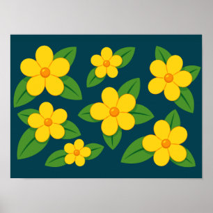 Helder Geel Bloemmotief met Groene Bladeren Poster