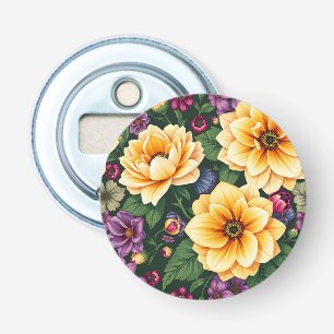 Helder Geel & Paarse Bloemen Kleurrijke Bloemen Button Flesopener