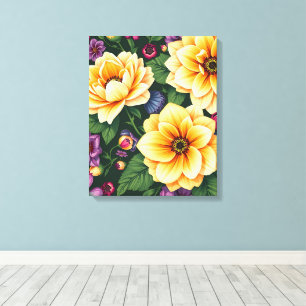 Helder Geel & Paarse Bloemen Kleurrijke Bloemen Canvas Afdruk