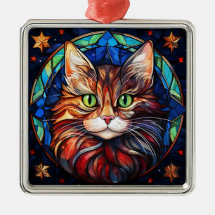 HELDER GEKLEURD GLAZEN IN LOOD KERST KAT GEZICHT METALEN ORNAMENT
