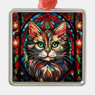 HELDER GEKLEURD GLAZEN IN LOOD KERST KAT GEZICHT METALEN ORNAMENT