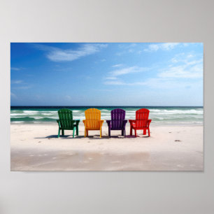 Helder gekleurde Voorzitters op een Lege strand Poster