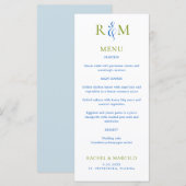 Helder Groen Blauw Eenvoudig Monogram Trouwmenu Menu (Voorkant / Achterkant)