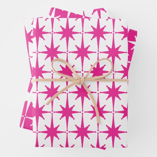 Helder Heet Roze Retro Starburst Patroon Inpakpapier Vel (In situ)