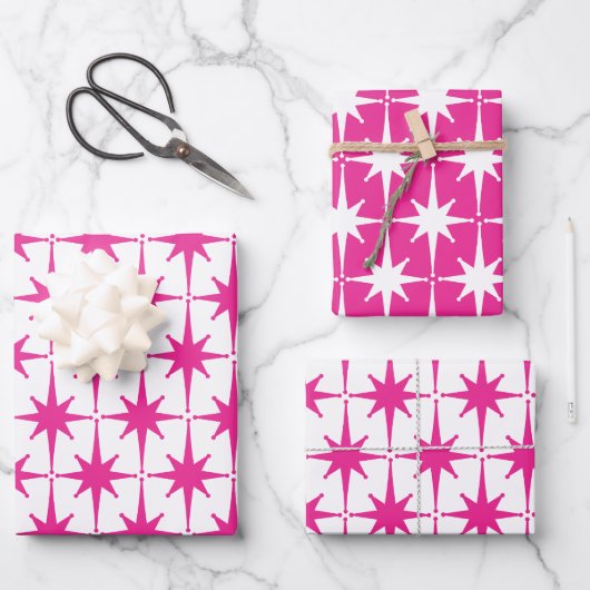 Helder Heet Roze Retro Starburst Patroon Inpakpapier Vel (Voorkant)