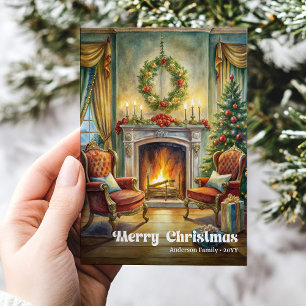 Helder klassiek kersttafereel met gezellige interi feestdagenkaart
