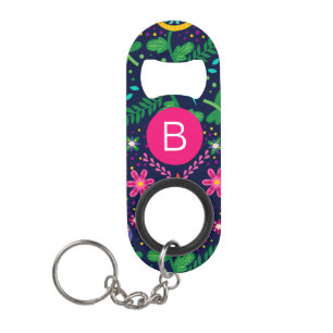 Helder Kleurrijk Chaotisch Bloemmotief Donkerblauw Mini Flessenopener