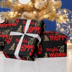 Helder Merry Typografie Red Black Gold Kerstmis Cadeaupapier