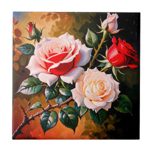 Helder mooie roze witte rode rozen olieverfschilde tegeltje