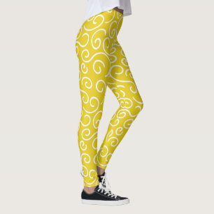 Helder Mustard Yellow en wit Doodle Patroon Leggings