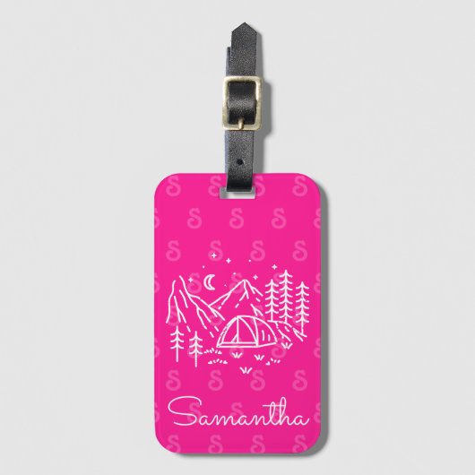 Helder Neon Roze Vet Camping Trip Monogram Bagagelabel (Voorkant (verticaal))