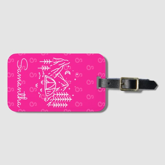 Helder Neon Roze Vet Camping Trip Monogram Bagagelabel (Voorkant (horizontaal))