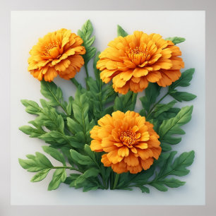 Helder oranje afrikaantjesbloemen met groene blade poster