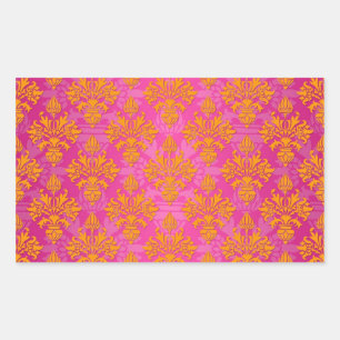 Helder Oranje en Roze Bloemendamask Rechthoekige Sticker