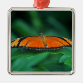 Helder Oranje en zwarte vlinder op leder Metalen Ornament