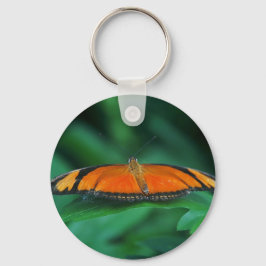 Helder Oranje en zwarte vlinder op leder Sleutelhanger