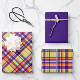 Helder Paarse, Oranje, Lime Green & Yellow Plaid Inpakpapier Vel