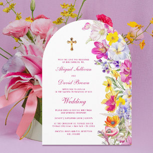 Helder Religieus Huwelijk met Wilde Bloemen Boog Kaart