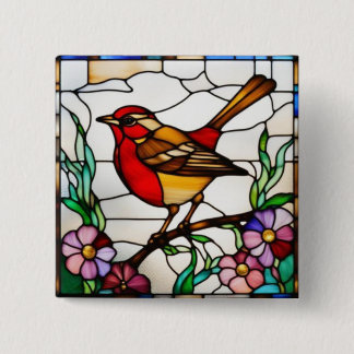 Helder Robin in Gebrandschilderd Glas Vierkante Button 5,1 Cm