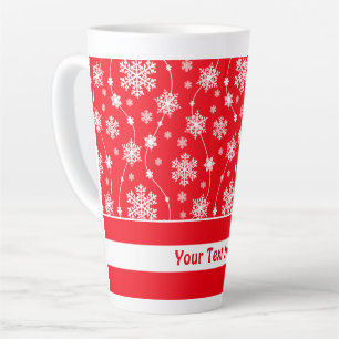 Helder rood en winter wit sneeuwvlokken en strepen latte mok
