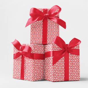 Helder rood en wit Grieks sleutelpatroon Cadeaupapier