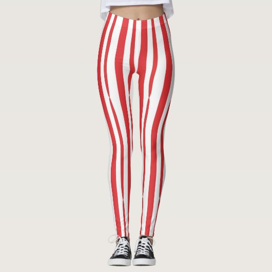 Helder Rood en Wit verticale Streep Leggings (Voorkant)