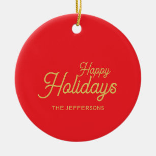 Helder rood & goud kleuren vrolijk kerstfeest twee keramisch ornament