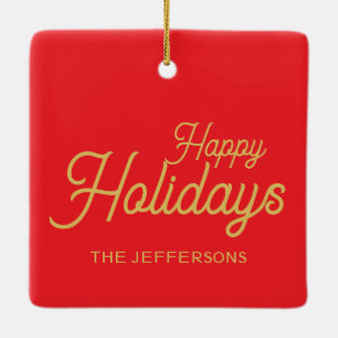 Helder rood & goud kleuren vrolijk kerstfeest twee keramisch ornament