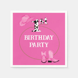 Helder roze 1e verjaardagsfeest of aangepaste teks servet