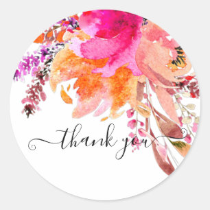 Helder roze aquarel bloem dank je  ronde sticker