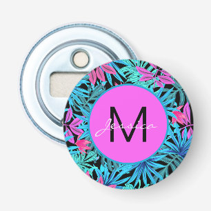 Helder Roze Blauw Tropische Bloemen Gepersonalisee Button Flesopener