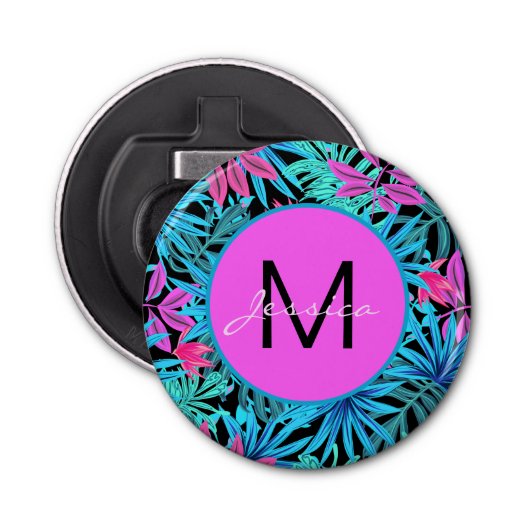 Helder Roze Blauw Tropische Bloemen Gepersonalisee Button Flesopener (Voorkant)
