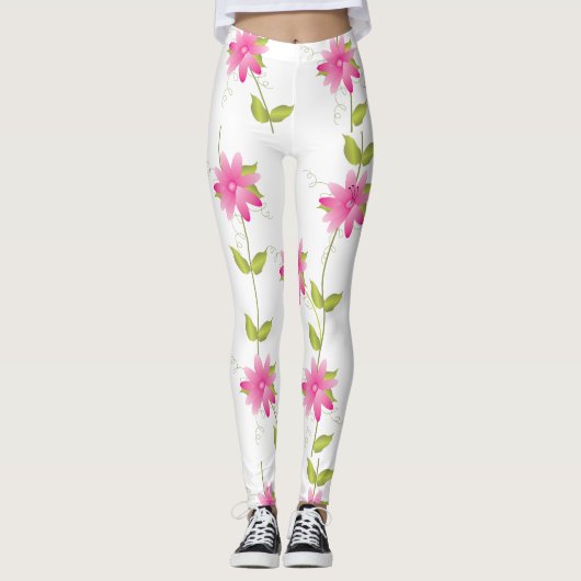 Helder roze bloem patroon leggings (Voorkant)