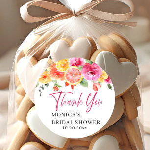 Helder Roze Bloemen Citroen Schijf Bruiloftsdouche Ronde Sticker